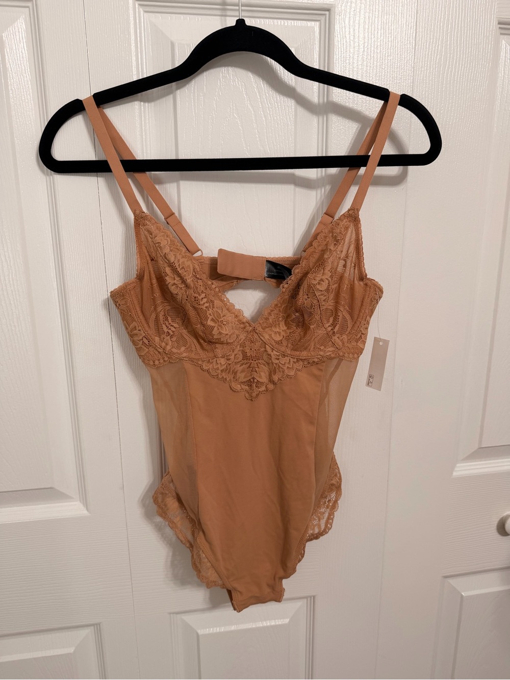 Women's Lace Trim Strappy Bodysuit in Nude